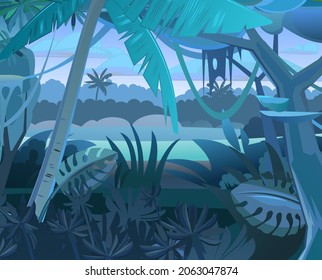 Jungle vector. Dense thickets. View from Tropical Dark night forest panorama. Southern Rural Scenery. Illustration in cartoon style flat design.