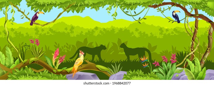 Jungle vector forest background, exotic nature wood thicket landscape, leopard, toucan, parrot, liana, rock. Amazon wildlife panoramic view, palm outline, animal silhouette. Paradise jungle background