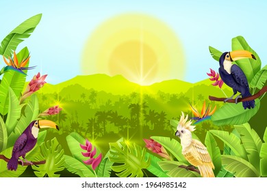 Jungle vector forest landscape, exotic tropical background, palm tree silhouette, toucan, parrot, sun. Summer paradise sunrise banner, flowers, wildlife nature illustration. Green jungle landscape