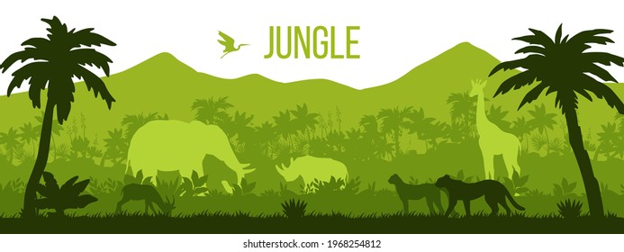 Jungle vector forest silhouette background, tropical rainforest landscape, tree outlines, leopard, rhino. Africa wildlife nature illustration, elephant, giraffe, palms. Jungle green silhouette clipart