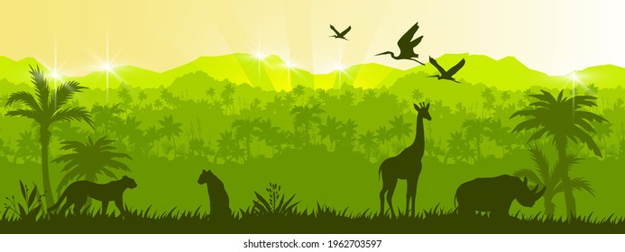 Jungle vector forest silhouette landscape, green tropical nature background, leopard, giraffe, rhino. Rainforest wildlife environment ecology banner, summer outline panorama. Animal jungle landscape