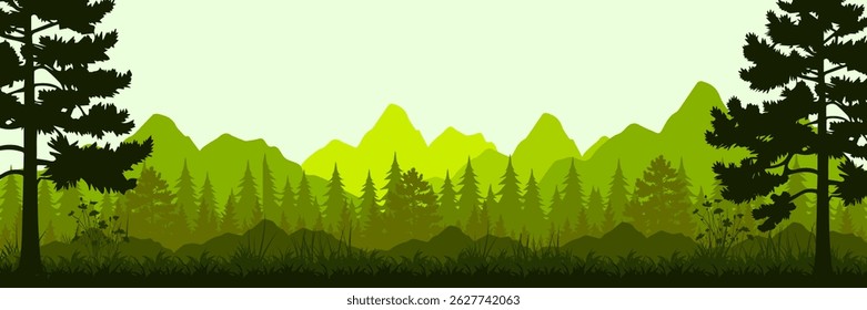 Jungle vector forest silhouette landscape, blue, purple, and orange tropical nature background,with leaves, grass, trees, and moon nature frame and copy space	