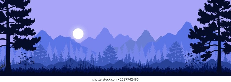 Jungle vector forest silhouette landscape, blue, purple, and orange tropical nature background,with leaves, grass, trees, and moon nature frame and copy space