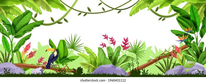 Jungle vector frame, rainforest exotic border, wildlife tropical nature banner, banana leaves, toucan, liana. Environmental game Hawaii background, Amazon floral banner. Jungle frame, stone, flowers