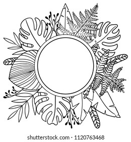 Jungle vector label. Tropical frame. Forest fern and palm leaves decoration. Botanical illustration