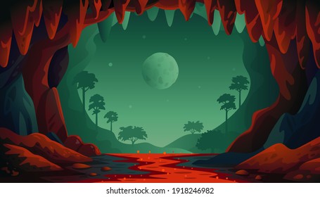 Jungle vector landscape. Cave landscape with an underground red river and forest. Vector illustration in flat cartoon style.