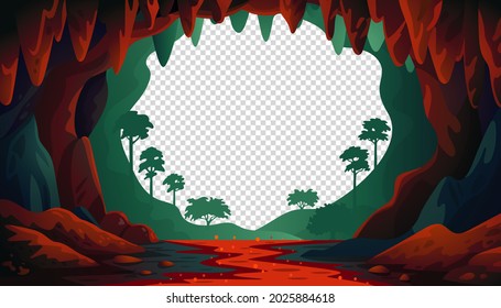 Jungle vector landscape. Cave landscape with an underground red river and forest. Vector illustration in flat cartoon style