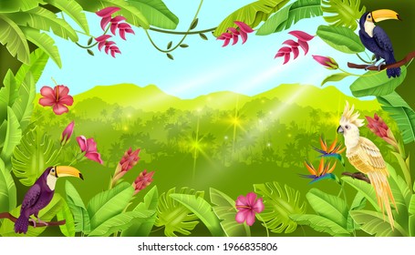 Jungle vector landscape, tropical forest background, toucan, parrot, exotic flower, sun rays. Summer nature Brazil rainforest view, banana leaf, wildlife floral banner. Jungle landscape, palm outline