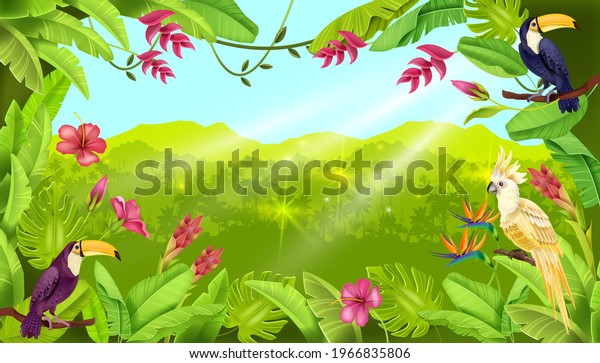 Jungle vector landscape, tropical forest\
background, toucan, parrot, exotic flower, sun rays. Summer nature\
Brazil rainforest view, banana leaf, wildlife floral banner. Jungle\
landscape, palm outline