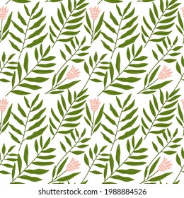 Jungle vector pattern with tropical leaves and flowers.Trendy summer print. Exotic seamless background. Hand drawn flat vector illustration.