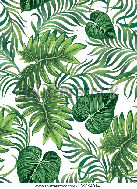 Тренд лист. Акварель с тропическими листьями пальмы монстера пассифлора. Узор джунгли вектор.