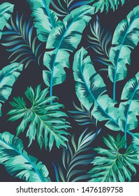Jungle vector pattern with tropical leaves.Trendy summer print. Exotic seamless background.