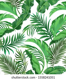 Jungle vector pattern with tropical leaves.Trendy summer print. Exotic seamless background.