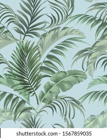 Jungle vector pattern with tropical leaves.Trendy summer print. Exotic seamless background.