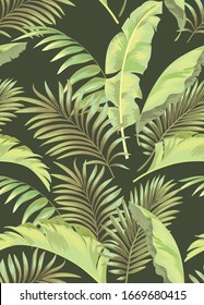 Jungle vector pattern with tropical leaves.Trendy summer print. Exotic seamless background.