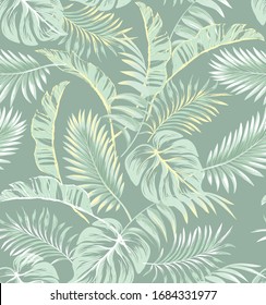 Jungle vector pattern with tropical leaves.Trendy summer print. Exotic seamless background.