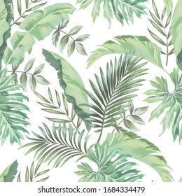 Jungle vector pattern with tropical leaves.Trendy summer print. Exotic seamless background.