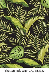 Dschungelmuster Vektorillustration mit tropischen Blättern. Trendfarbener Sommerdruck. Exotischer, nahtloser Hintergrund.