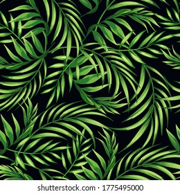 Patrón vectorial de jungla con hojas tropicales. Impresión veraniega de moda. Un entorno exótico y sin fisuras.