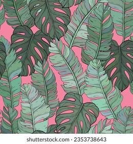 Jungle vector pattern with tropical leaves.Trendy summer print. Exotic seamless background.