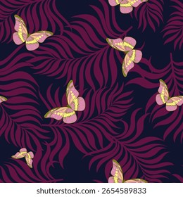 Padrão de vetor de selva com folhas tropicais. Impressão de verão na moda. Fundo perfeito exótico.