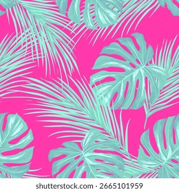 Jungle vector pattern with tropical leaves.Trendy summer print. Exotic seamless background.