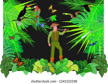 Jungle vector scene background, hunter with gun in the center, wildlife theme, butterflies, snake