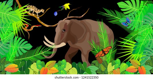 Jungle vector scene, wildlife theme, elephant and wild cat