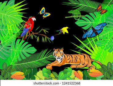 Jungle vector scene, wildlife theme, tiger and parrot