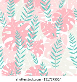 Jungle. Vector seamless floral pattern with monster leaves in pastel colors.