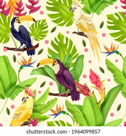 Jungle vector seamless pattern, exotic birds, paradise parrot, toucan, banana leaves, flowers, monstera. Summer nature floral texture, tropical botanical green fabric design. Wildlife jungle pattern