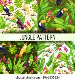 Jungle vector seamless pattern exotic collection, parrot, toucan, banana leaves, monstera flowers. Nature paradise floral summer texture set, Brazil wildlife fashion prints. Green jungle patterns