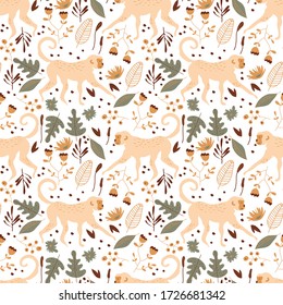 Jungle Vector Seamless Pattern with Monkey Walking Among Flora. Rainforest Flora and Fauna Design for Wallpapers and Textile