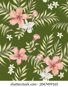 Jungle vector seamless pattern with tropical flowers. Tropic summer design. Botanical wallpaper.