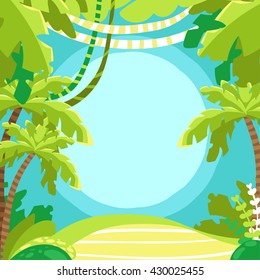 Jungle Vector Summer Square Background with Tropical Plants Palms and Liana