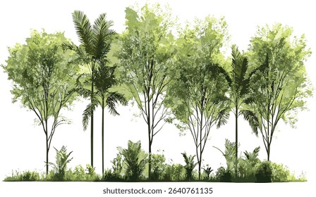 Jungle vector tree shapes cutout background, tropical foliage, nature trees, transparent backgrounds, forest vector design, tree silhouettes, leaf patterns, jungle design