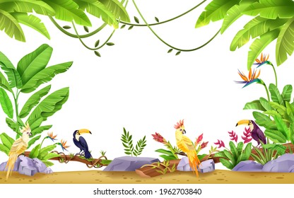 Jungle vector tropical frame, nature exotic background, toucan, parrot, banana leaf, liana, stone, flowers. Summer paradise game environment illustration. Hawaii rainforest jungle frame, floral design