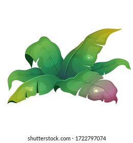 Dibujo vectorial de la caricatura de vegetación de la jungla. Sale el plátano. Arbusto subtropical. Arbusto exuberante para selva tropical. Objeto de color plano de arbusto tropical. Follaje exótico aislado sobre fondo blanco