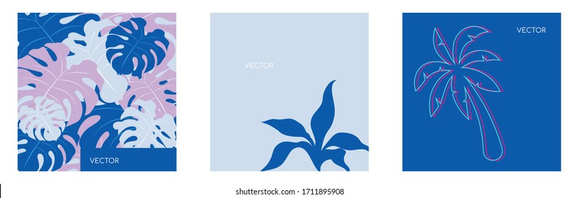 Jungle vegitation flat color vector backgrounds set. Blue monstera leaves. Palm tree. Tropical botanical motiff social media post mock up. Exotic summer foliage web banner templates pack
