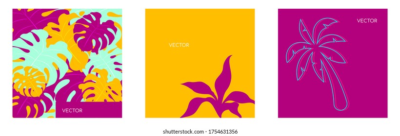 Jungle vegitation flat color vector backgrounds set. Yellow, magenta monstera leaves. Palm tree. Tropical botanical motiff social media post mock up. Exotic summer foliage web banner templates pack