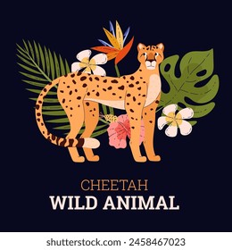 Jungle vibrancy captured in a frame. Vector illustration of a cheetah surrounded by exotic plants and flowers, ideal for nature-themed design.