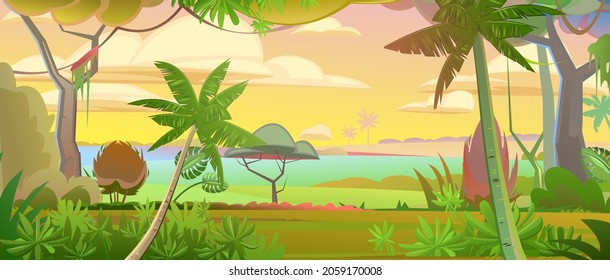 Jungle vines. Dense thickets. Morning sunrise dawn or evening sunset. View from the forest. Southern Rural Scenery. Tropical forest panorama. Illustration in cartoon style flat design. Vector.