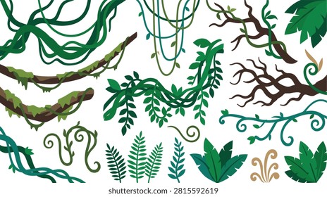Jungle vines set with tropical branches and exotic green leaves. Collection of tangled climbing plants and wild foliage elements for natural forest design.