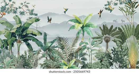 Mural de pared de la selva, diseño mural del paisaje del lago, palmera, planta tropical, pájaros y fondo de la acuarela.