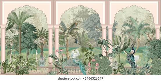 Jungle wall mural wallpaper, watercolor background, forest,birds, peacock.