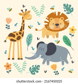 Jungle wallpaper of a cute lion, elephant and giraffe