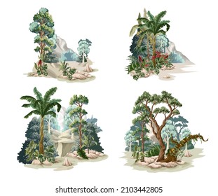 Jungle wallpaper with trees and tropical plant. Vector