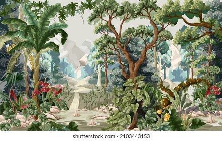 Jungle wallpaper and trees   tropical plant  Vector 