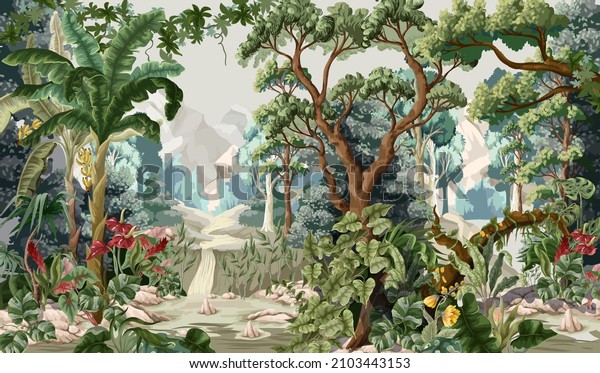 Jungle wallpaper with trees and tropical plant. Nature themed wallpaper Vector.
