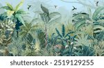 Jungle Wallpaper, Tropical Wall Mural, Forest Illustration, Watercolor Background, Birds.